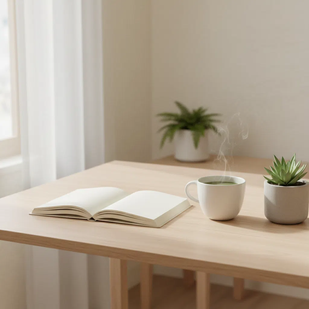 A calm workspace with a notepad, a cup of tea and a small potted plant on a light wooden desk