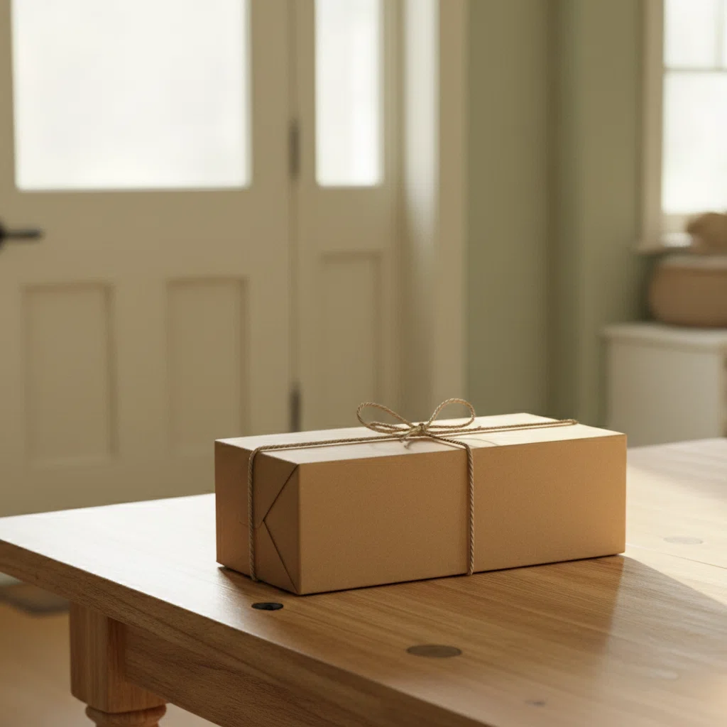A neat plain kraft parcel box placed on a table near a bright front door