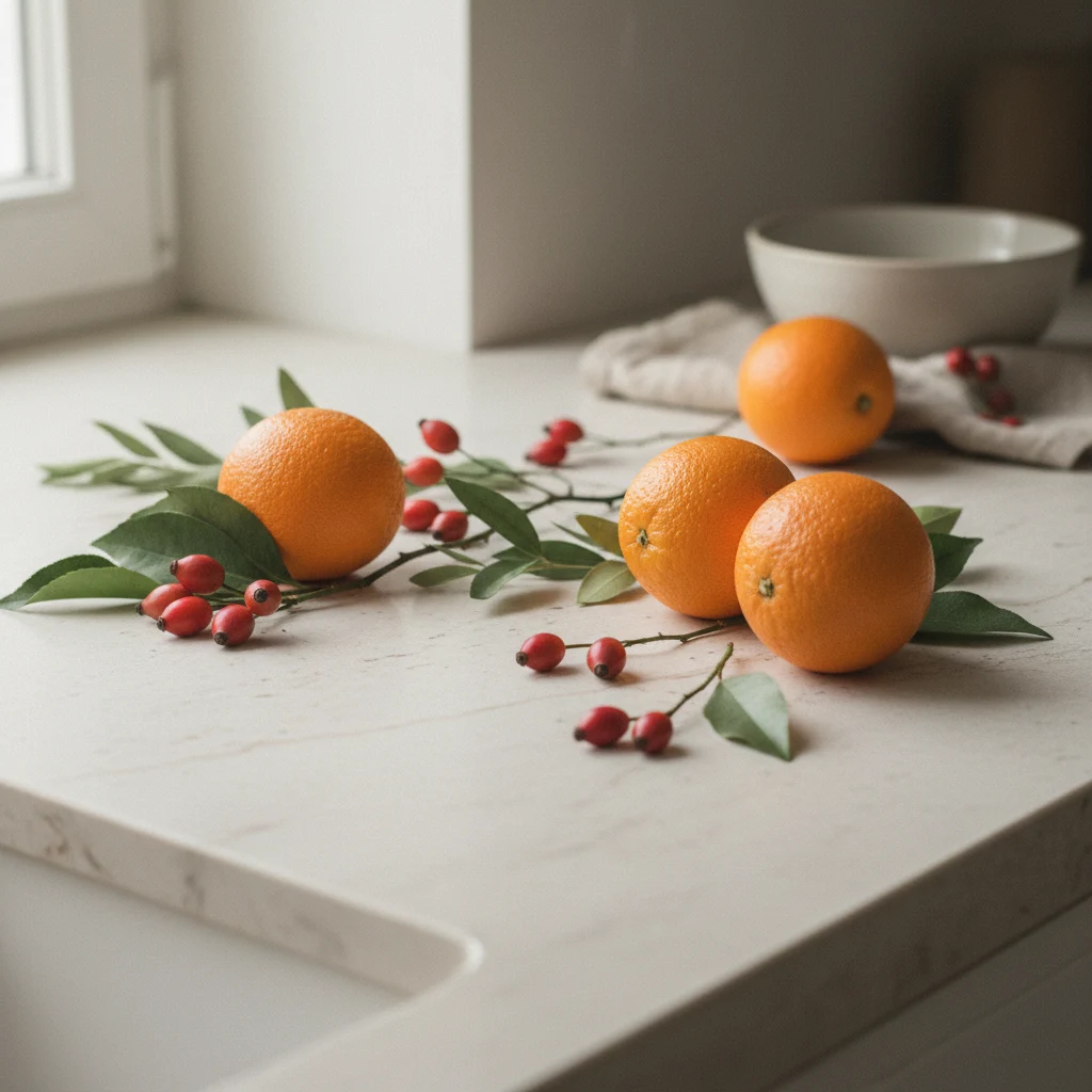 Fresh oranges, rosehip berries and green leaves arranged on a light stone kitchen surface