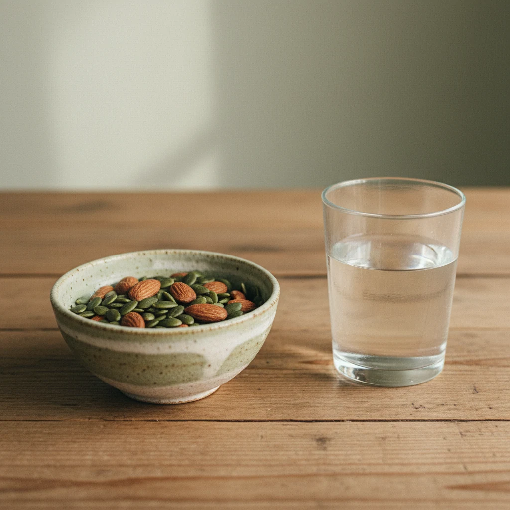 Almonds, pumpkin seeds and dried legumes in ceramic bowls on a wooden surface