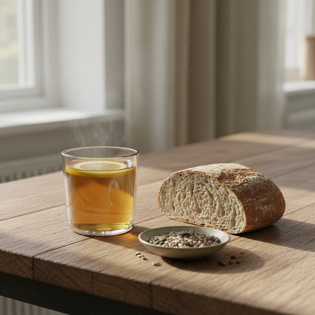 A glass of warm water next to a small bowl of mixed seeds and whole grain bread on a timber surface