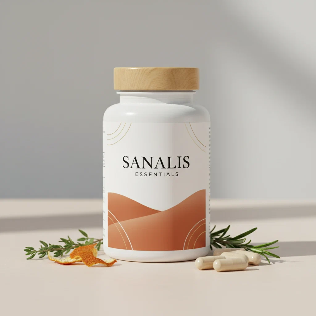 Sanalis Essentials frosted glass supplement jar with wooden lid on a light background